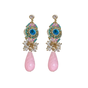Elegant palace style earrings with blue stone floral cluster and pink teardrop pendant