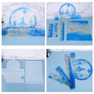 DIY Eid theme resin tray mold set featuring a mosque silhouette with gold foil flakes