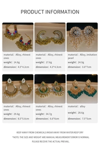 Detailed catalog showing six pairs of bohemian tassel earrings with pearls and crystals