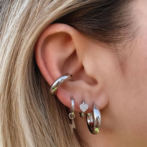 Polished silver minimalist earring set featuring heart-shaped zircon cuff and hoop