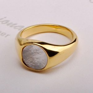 Retro Signet Ring Titanium Steel With Round White Mother Of Artificial Pearl Inlay Minimalist Geometric Polished Jewelry