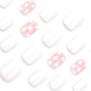 Minimalist short square press-on nails in solid white and pink with star designs