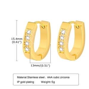 Detail view of 15.4mm gold plated stainless steel hoop earrings with cubic zirconia stones