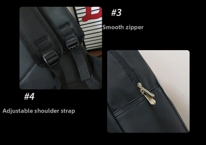 Details of smooth zippers and adjustable straps on this minimalist black backpack