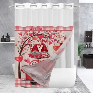Detail of waffle-weave shower curtain with Valentine's gnomes and heart truck print