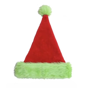 Neon green faux fur trim Christmas hat in red velvet for creative holiday party supplies
