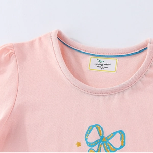 Pink cotton t-shirt for girls with a blue bow print and gold polka dot details