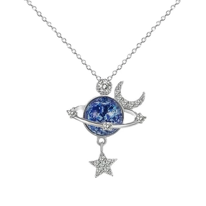 S925 sterling silver galaxy necklace featuring a blue planet pendant with star and moon