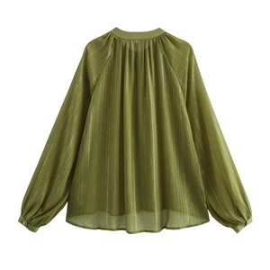 Women's army green chiffon blouse with long puff sleeves and back pleat detail