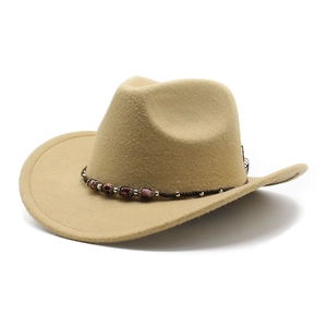 Detail of khaki western cowboy hat featuring braided trim with burgundy beads and gold accents
