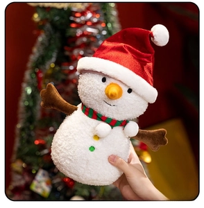 Detail of plush snowman toy with red scarf and orange nose against festive background
