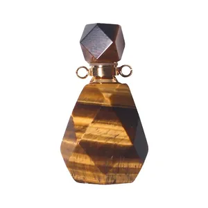 Faceted tiger eye stone essential oil bottle pendant with golden metal neck detail