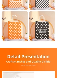 Detailed view of Halloween kraft paper gift bags with orange stripes and polka dots pattern