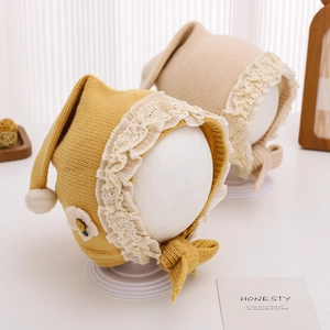Baby Bonnet Hat Acrylic Knitted Lace Flower Trim Pom Pom Winter Warm Windproof Tie Strap For Infant Toddler