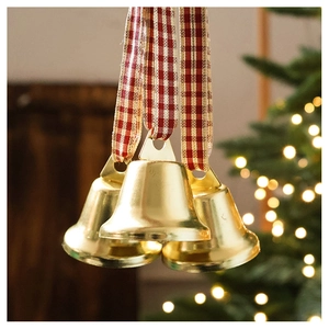 Set of 3 gold star cutout Christmas bells with red and white checkered ribbon bows
