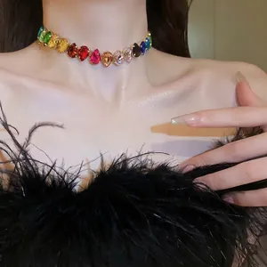 Pear Cut Waterdrop Crystal Choker Necklace Copper Rhinestone Rainbow Clear Luxury Fashion For Women