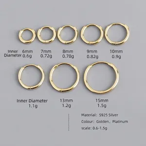 S925 sterling silver hoop earrings set in various sizes from 6mm to 15mm with gold finish