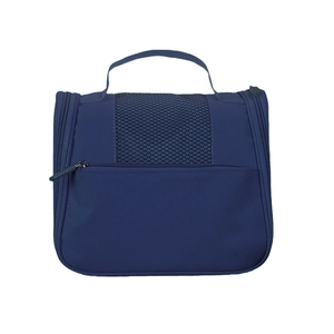 Large capacity navy blue travel toiletry bag with breathable mesh and top handle