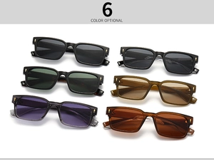 Collection of rectangle sunglasses in six colors with distinctive gold arrow metal temple detail