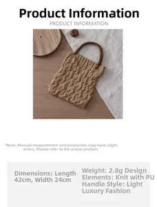 Detailed view of handmade cable knit tote bag with PU leather handle and size specs
