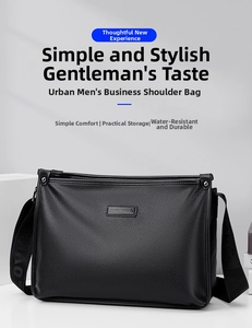 Macro detail of the premium black litchi grain leather and metal logo on the business bag