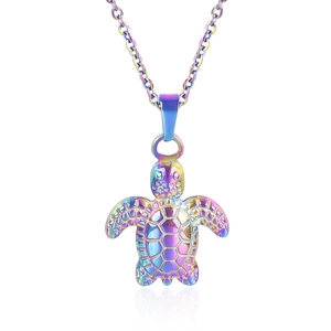 Detailed view of rainbow turtle pendant in polished stainless steel with fine shell texture