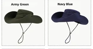 Detail of waterproof sun hat with adjustable chin strap in army green and navy blue colors