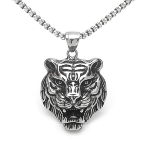 Polished stainless steel tiger head pendant necklace with a detailed 3D relief design