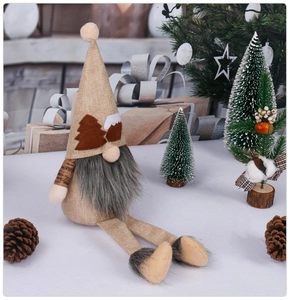 Detailed view of Sitting Forest Gnome Christmas doll made of burlap and faux fur texture
