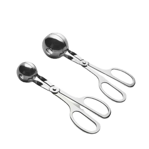 Dual size stainless steel meatball maker tools with scissor handles on white background