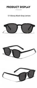 Detail view of model C1 retro sunglasses with glossy black frames and grey lenses