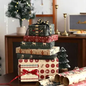 Vintage kraft Christmas wrapping paper set with reindeer patterns and festive ribbons