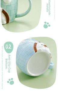 Detail of ergonomic curved handle and non-slip bottom on 3D igloo ceramic mug