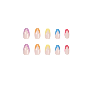 Rainbow French V-shape press on nails in medium coffin shape with bright colorful tips