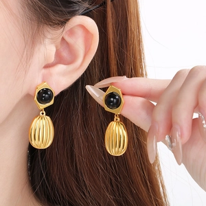 French style gold stainless steel earrings with black beads and striped oval pendants