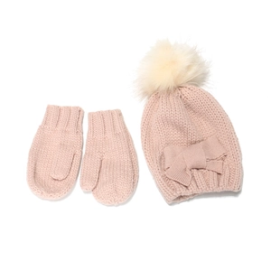 Pink knit winter hat and mittens set with fluffy white pompom and bow for toddlers