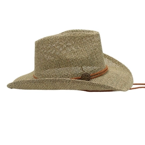Detail of hand-woven straw cowboy hat featuring orange rope and vintage button ornament