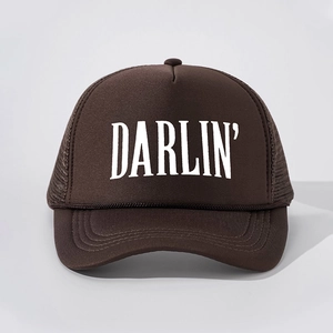 Vintage brown DARLIN' foam trucker hat with breathable mesh back and adjustable strap