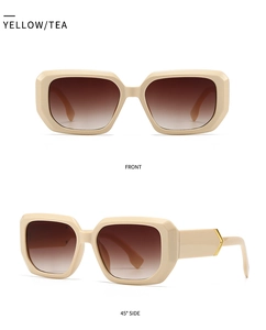 Front and side view of square yellow sunglasses with stylish tea gradient lenses