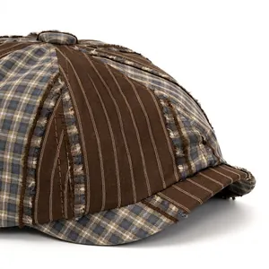 Retro patchwork newsboy cap with brown stripes and blue plaid fabric for sun protection