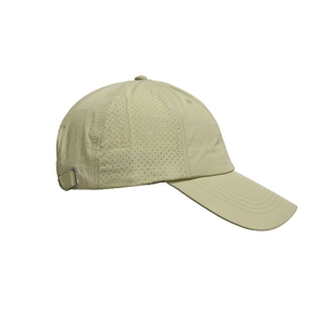 Detail view of khaki quick-dry baseball cap featuring laser-cut ventilation and metal buckle