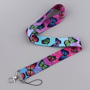 Close-up of colorful butterfly print lanyard with durable zinc alloy lobster clasp