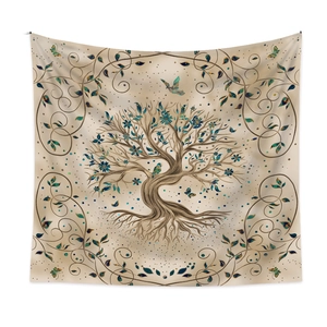 Detailed view of Tree of Life tapestry with vintage floral and butterfly patterns