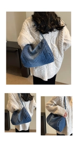 Three-way view of blue corduroy shoulder bag styled with beige knit sweater