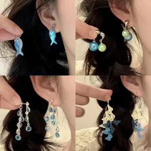 Boucles D'oreilles Poisson Papillon Perle En Résine Alliage Zircon Avec Tige En Argent Bijoux Mode Frais Pour Femmes