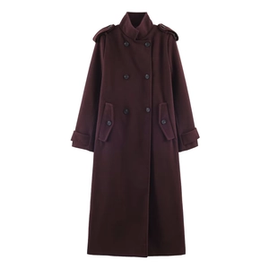 Classic double-breasted long woolen coat in deep wine red with buttoned cuffs and epaulettes