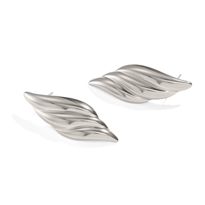 Detailed view of silver textured leaf earrings in sleek stainless steel finish