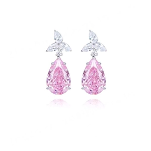 Elegant pink teardrop crystal earrings with silver leaf zircon accents on a white base