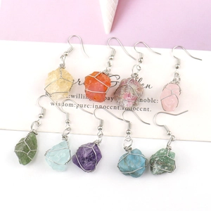 Handmade silver wire wrapped natural crystal earrings set with colorful raw gemstones