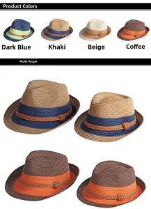 Detail view of foldable straw fedoras in blue, khaki, beige, and coffee with texture shots